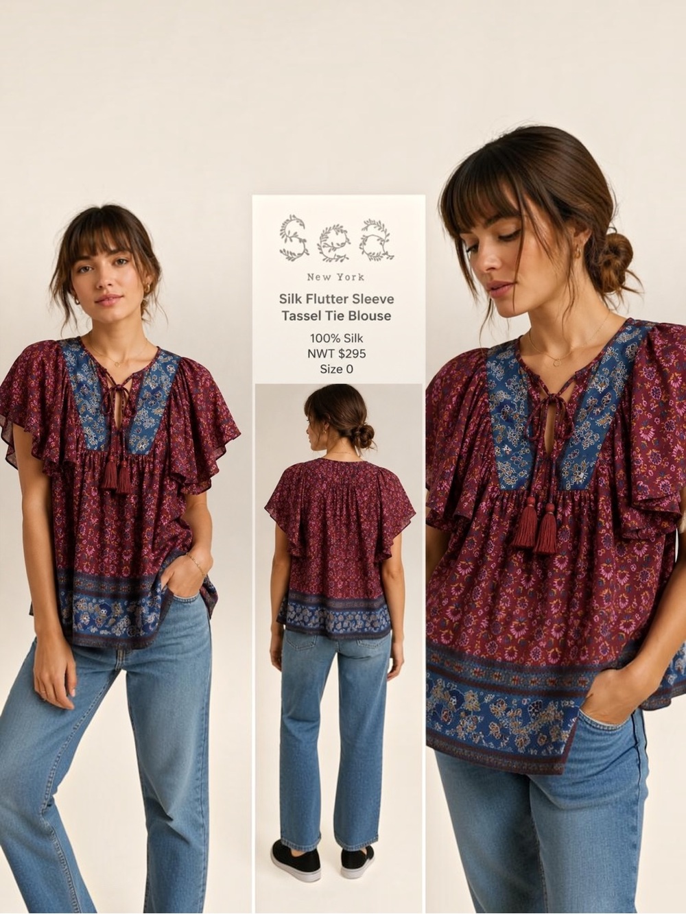 Sea New York Silk Floral Flutter Sleeve Tassel Tie Boho Blouse NWT $295 Size 0
